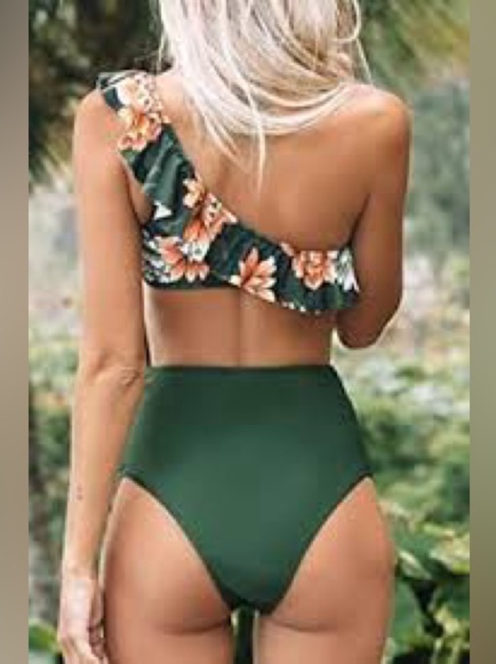 Cupshe Floral One-Shoulder Ruffle Bikini Set - Olive Green & Black Floral Size L - Picture 2 of 9